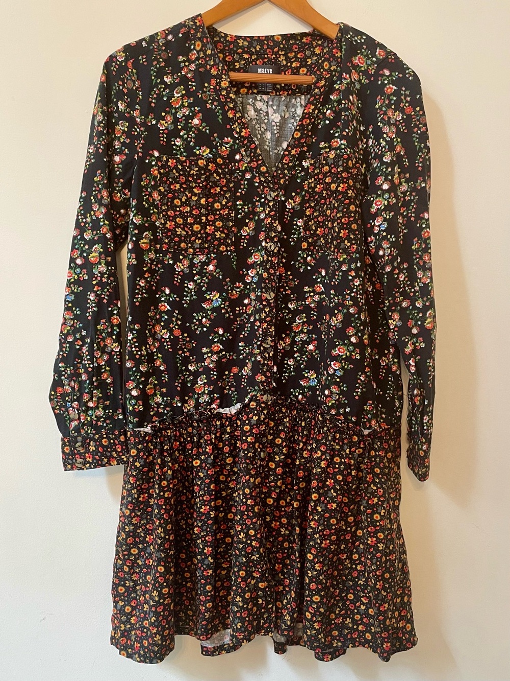Anthropologie Black Long-Sleeve Floral Tiered Dress